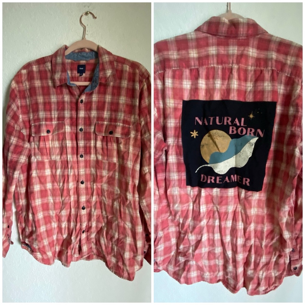 Gap Red Plaid Upcycled Patchwork Graphic Natural … - image 2